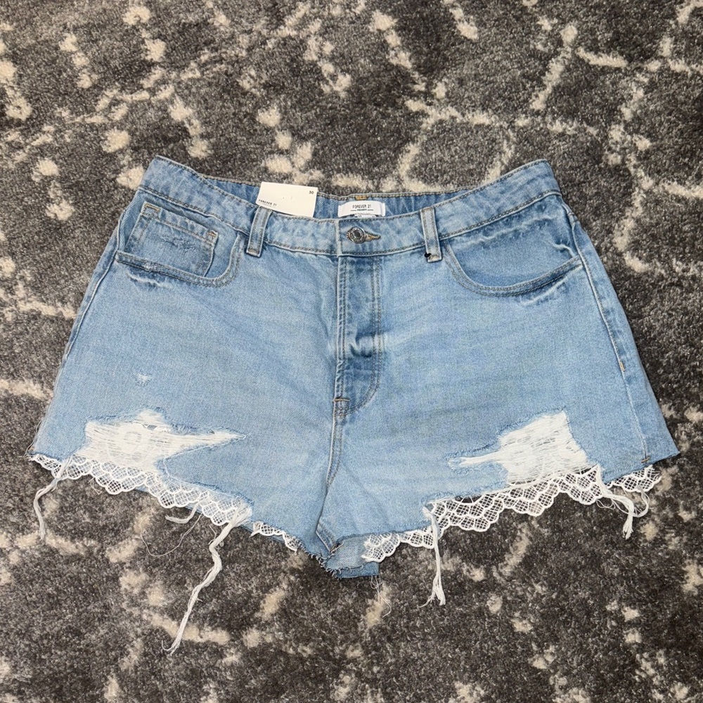 Forever 21 Women's Denim Shorts with Lace Trim